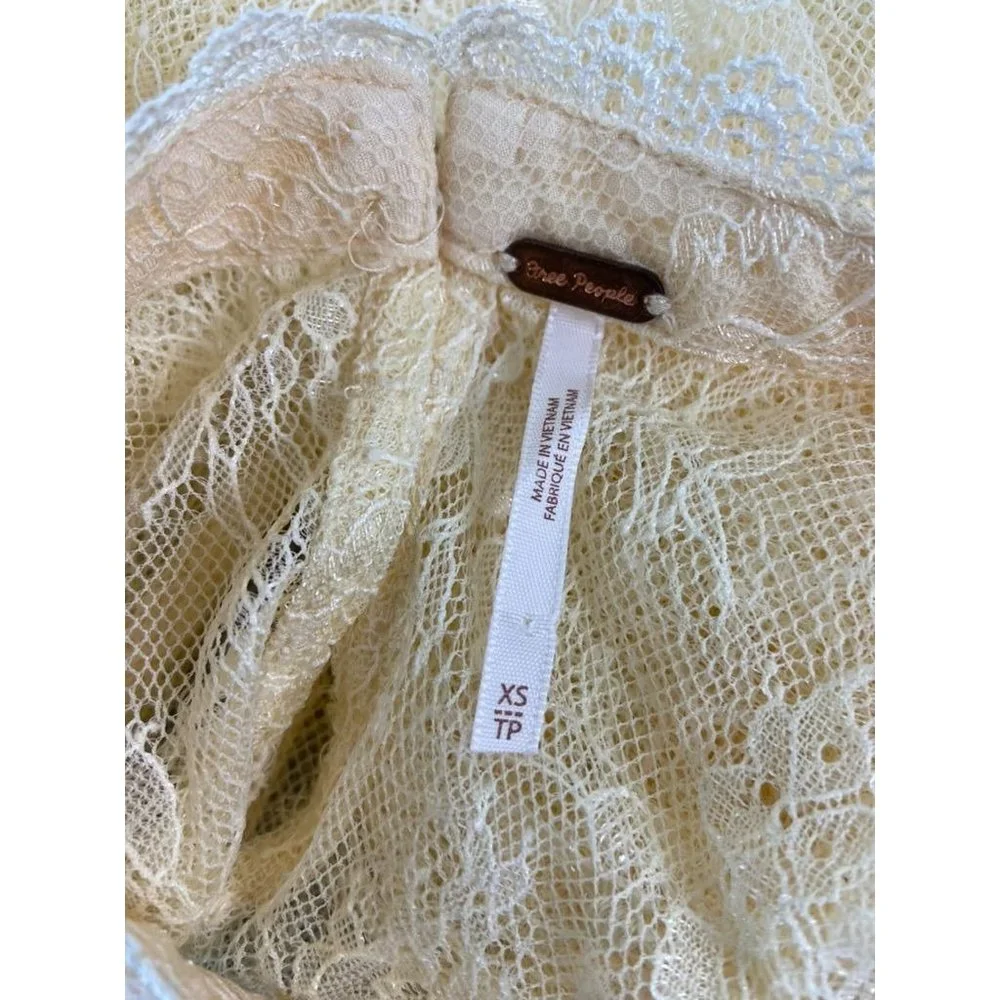 Free People‎ women's XS cream overlay lace puff high neck sleeve blouse